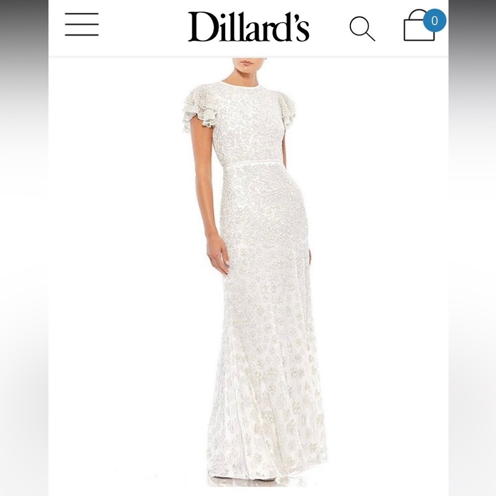 Mac Duggal Beaded Short Flutter Sleeve Crew Neck Sheath Gown (Size 14) (Wedding)